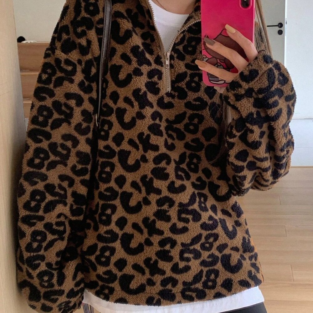 Brown Casual Women's Leopard Print Half Zip Sweatshirt With Front Pocket